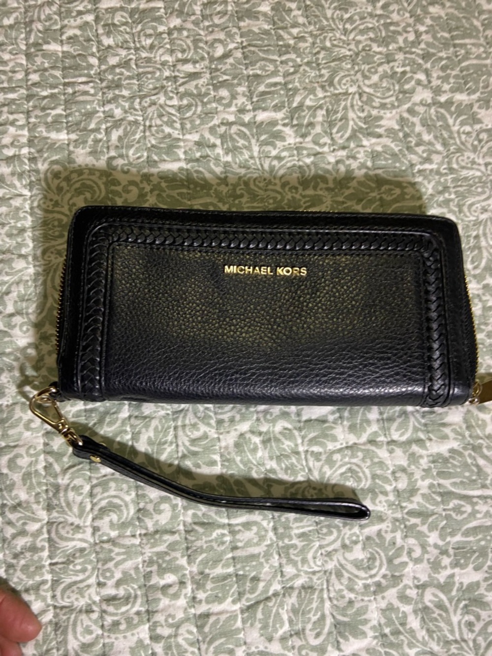 Michael Kors Black Pebbled Leather Zip Wristlet with Braided Trim